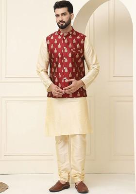 Cream Woven Cotton Kurta Set For Men