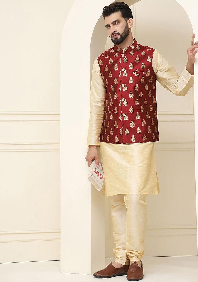 Cream Woven Cotton Kurta Set For Men