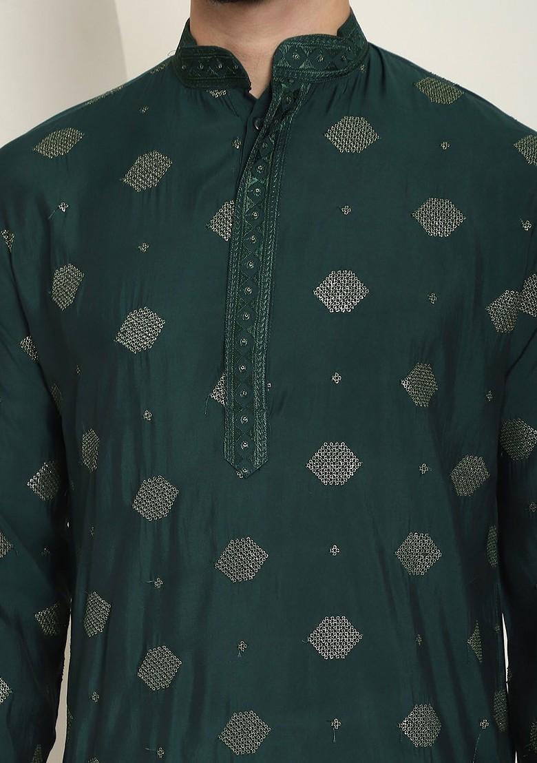 Green Embroidered Cotton Kurta Set For Men