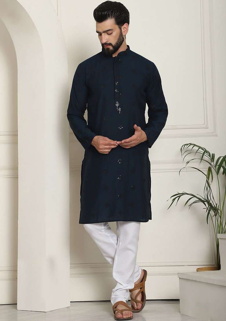 Teal Blue Embroidered Cotton Kurta Set For Men - Indya