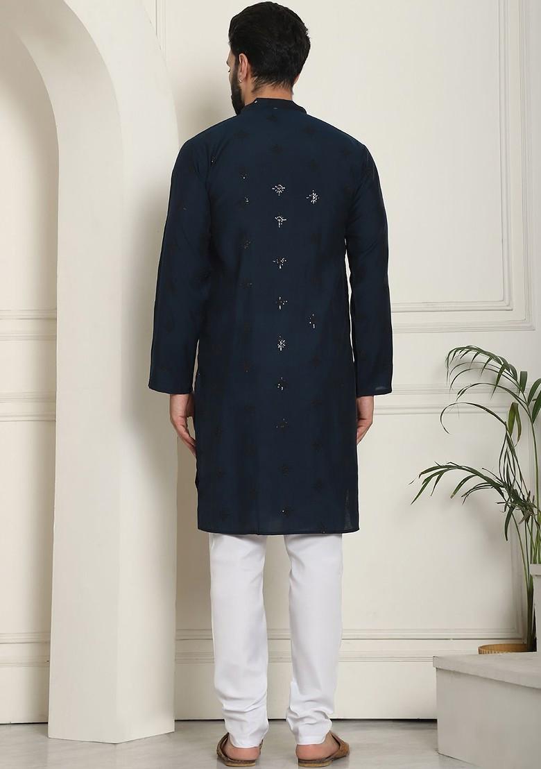 Teal Blue Embroidered Cotton Kurta Set For Men