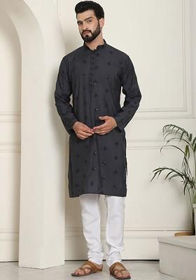 Grey Embroidered Cotton Kurta Set For Men