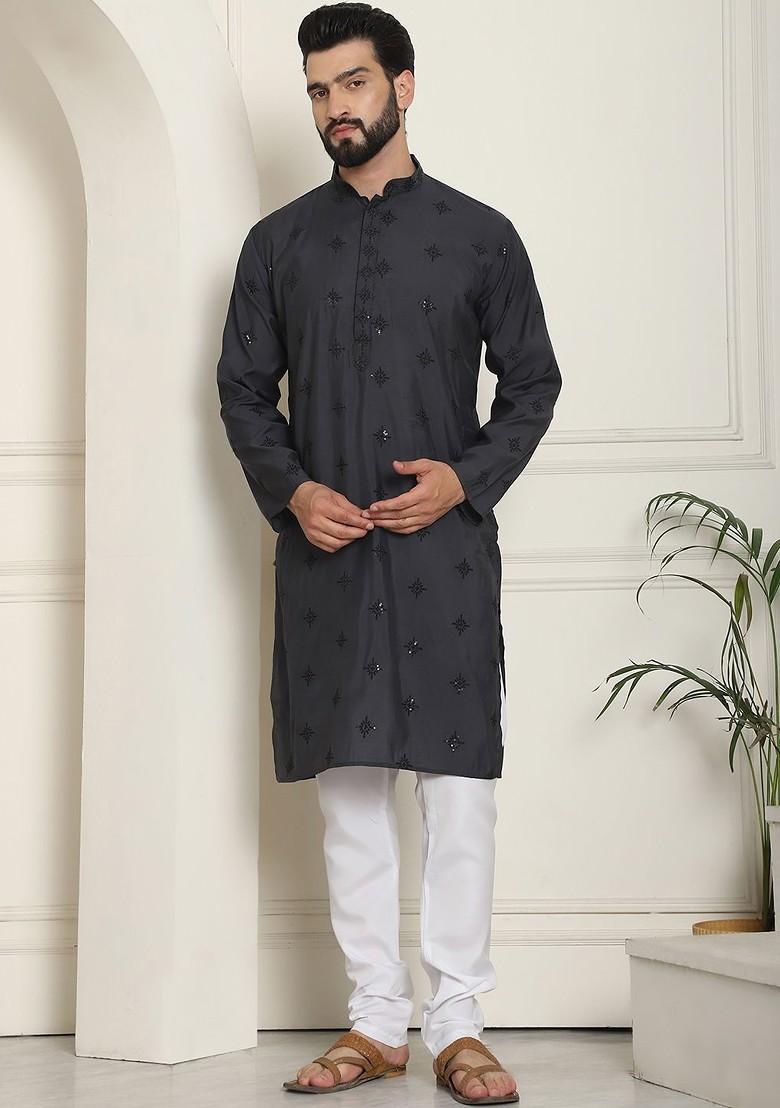 Grey Embroidered Cotton Kurta Set For Men