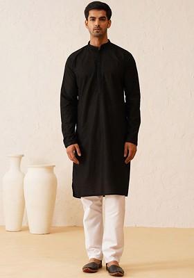 Black Thread Work Cotton Kurta Set For Men