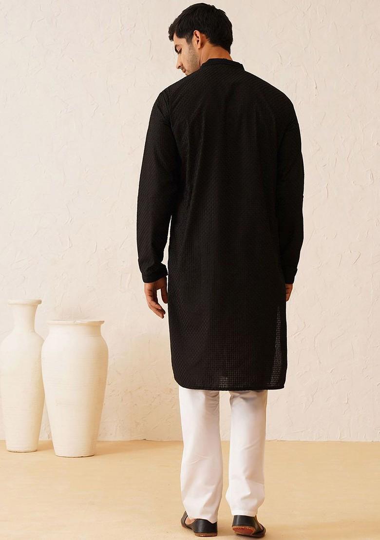 Black Thread Work Cotton Kurta Set For Men