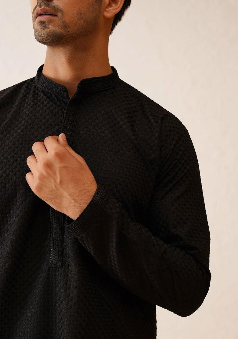 Black Thread Work Cotton Kurta Set For Men