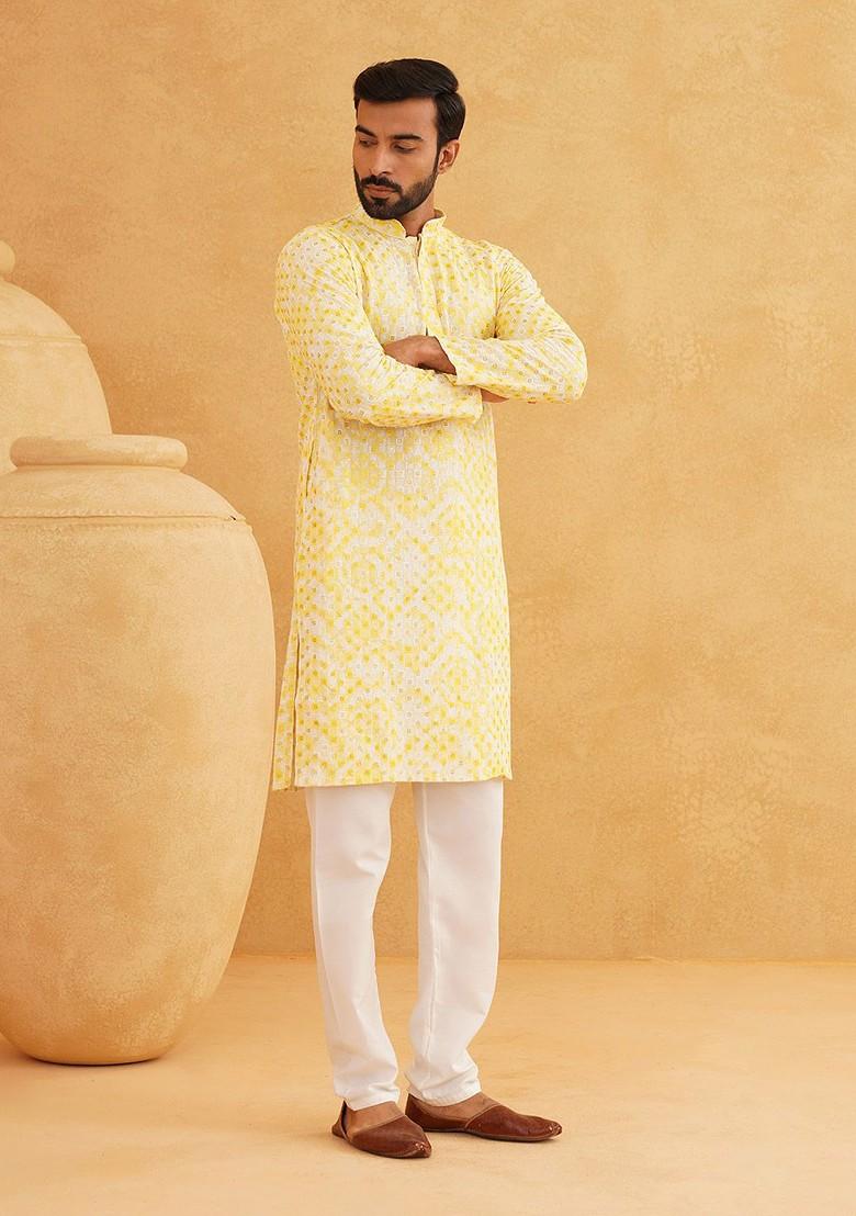 Yellow Embroidered Cotton Kurta Set For Men