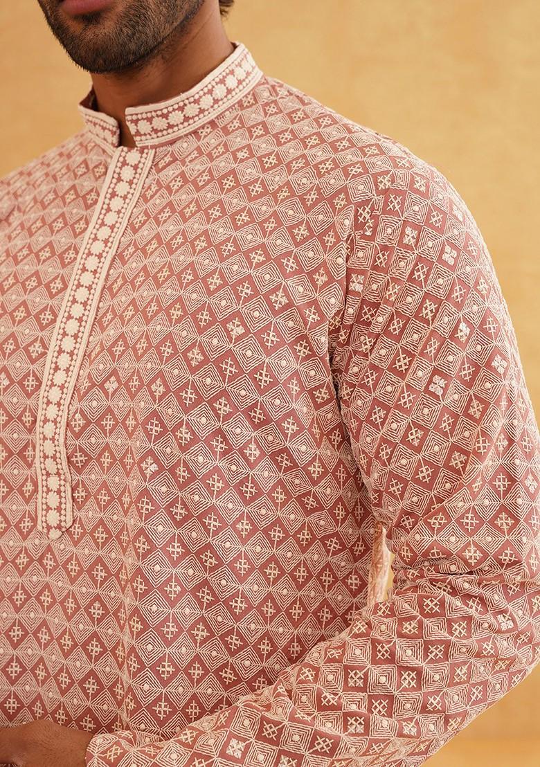 Peach Thread Work Cotton Kurta Set For Men