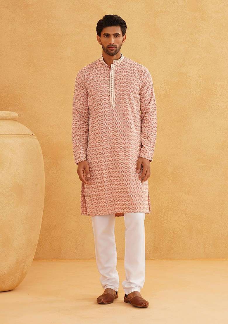 Peach Thread Work Cotton Kurta Set For Men - Indya