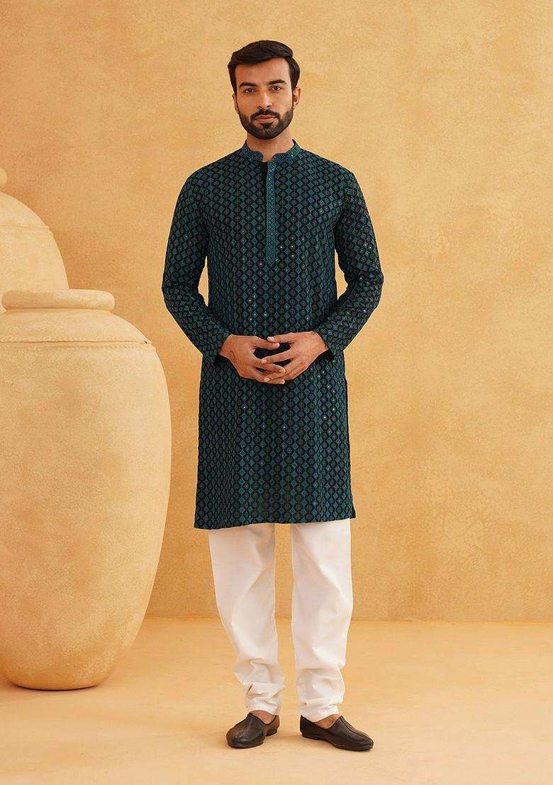 Teal Blue Embroidered Cotton Kurta Set For Men