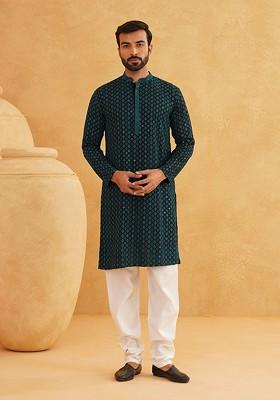 Teal Blue Thread Work Cotton Kurta Set For Men
