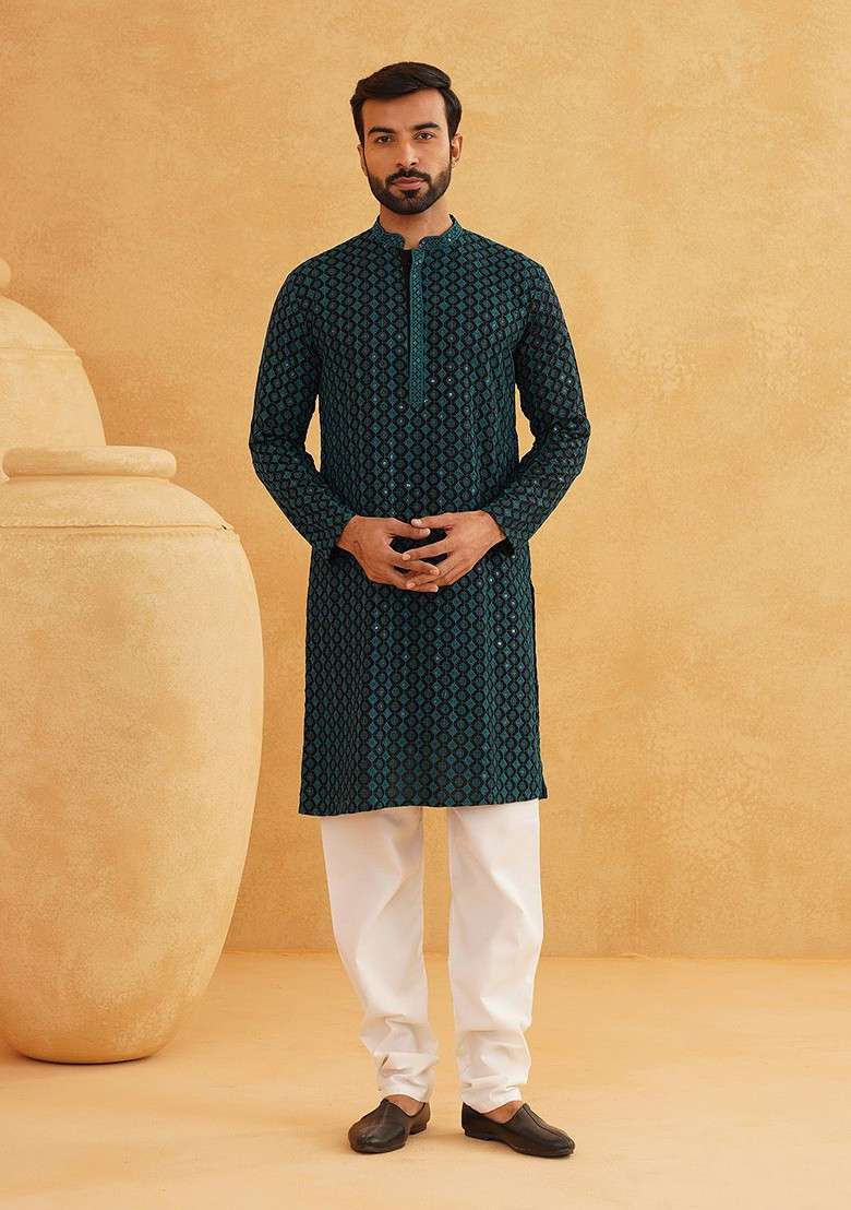 Teal Blue Thread Work Cotton Kurta Set For Men - Indya