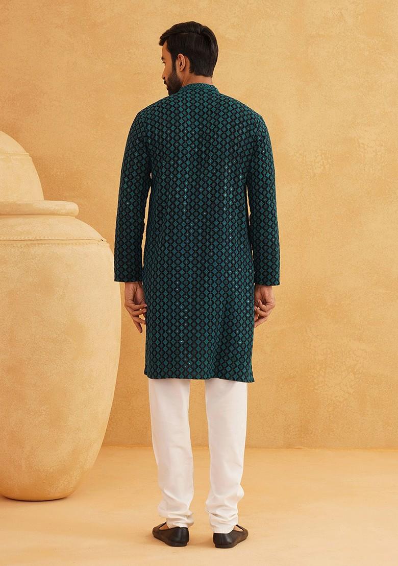 Teal Blue Thread Work Cotton Kurta Set For Men