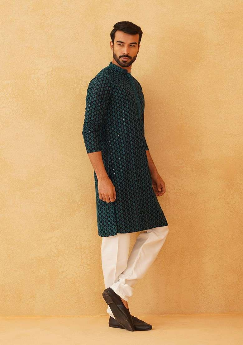 Teal Blue Thread Work Cotton Kurta Set For Men - Indya