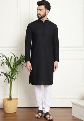 Black Thread Work Cotton Kurta Set For Men