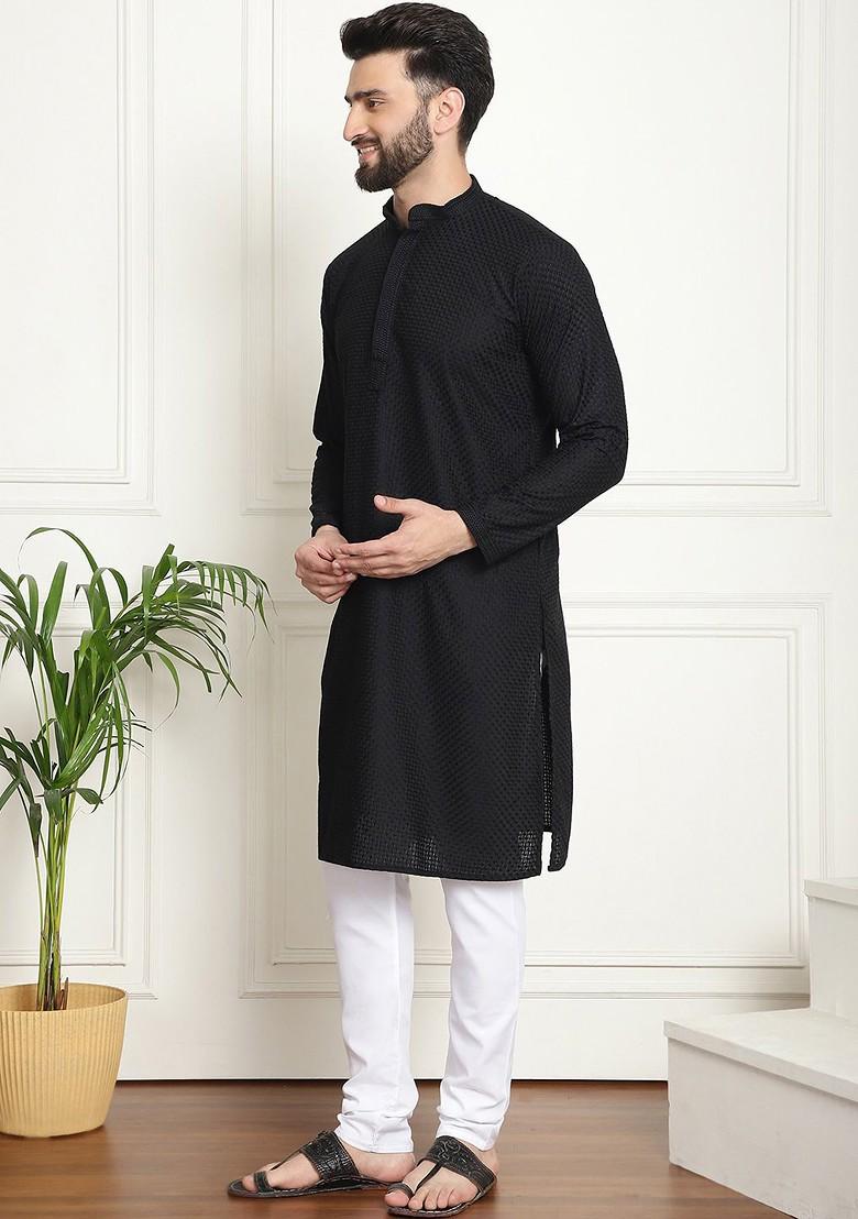 Black Thread Work Cotton Kurta Set For Men
