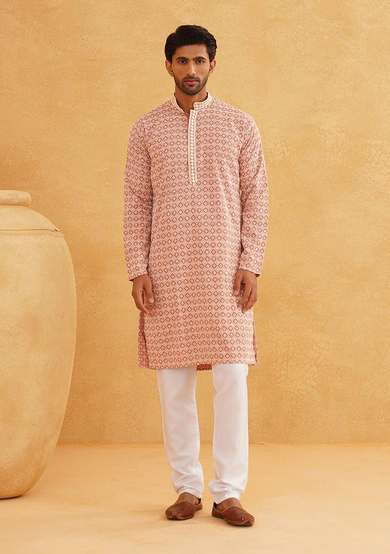 Peach Thread Work Cotton Kurta Set For Men