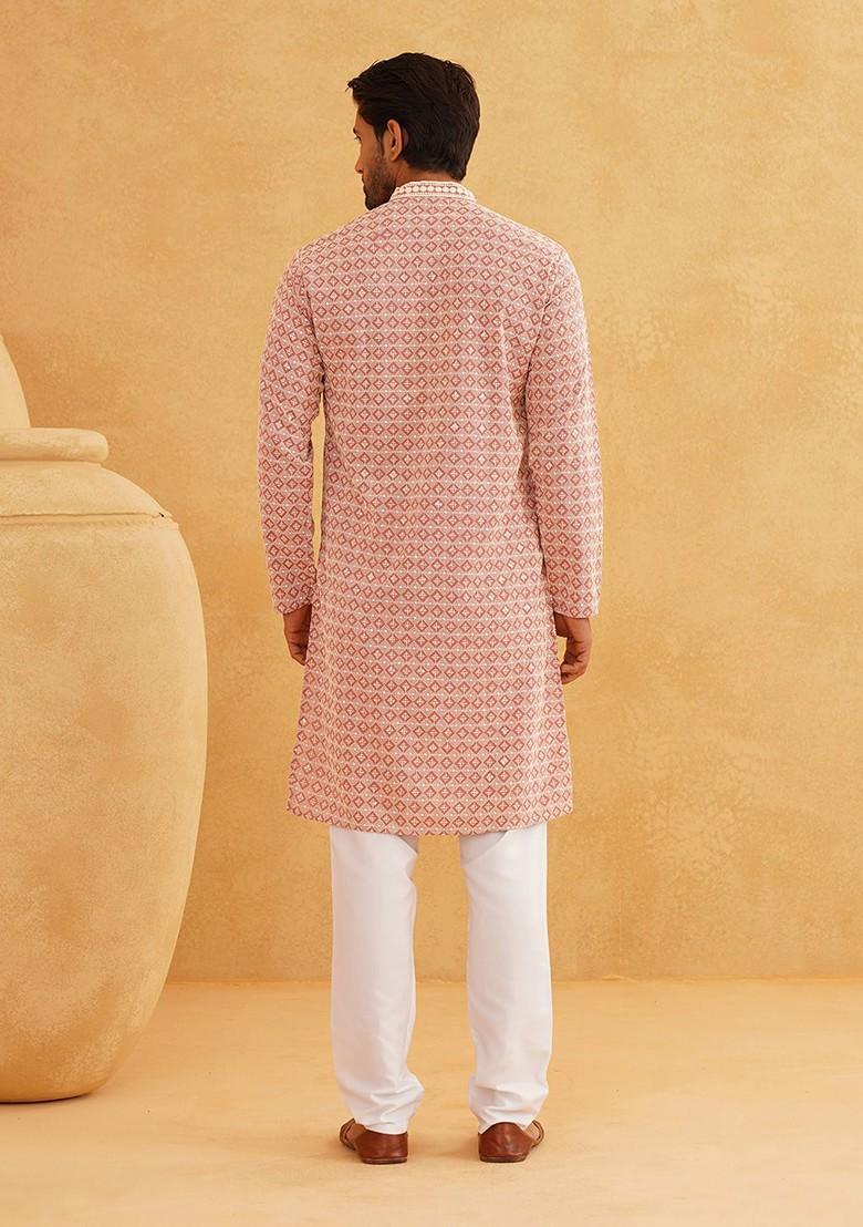 Peach Thread Work Cotton Kurta Set For Men