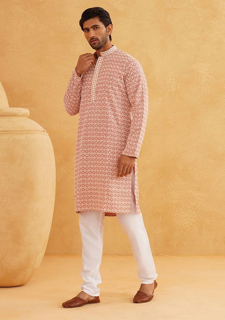 Peach Thread Work Cotton Kurta Set For Men