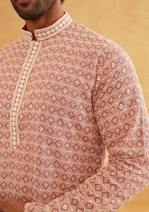 Peach Thread Work Cotton Kurta Set For Men