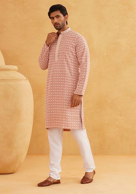 Peach Thread Work Cotton Kurta Set For Men