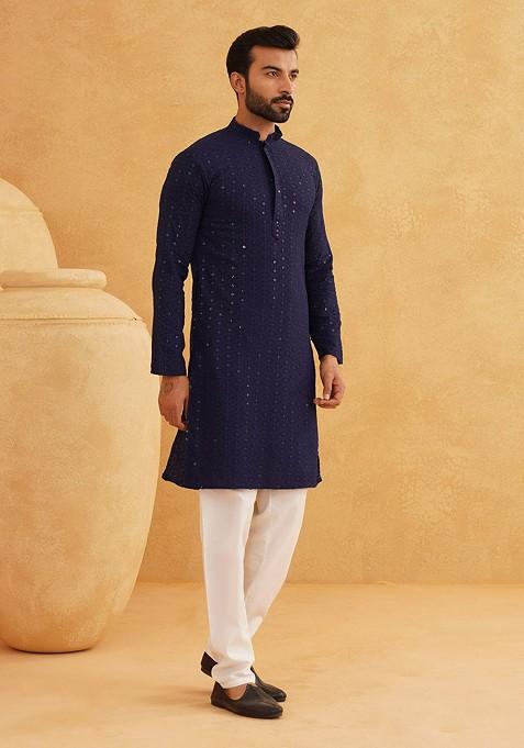 Navy Blue Embroidered Cotton Kurta Set For Men