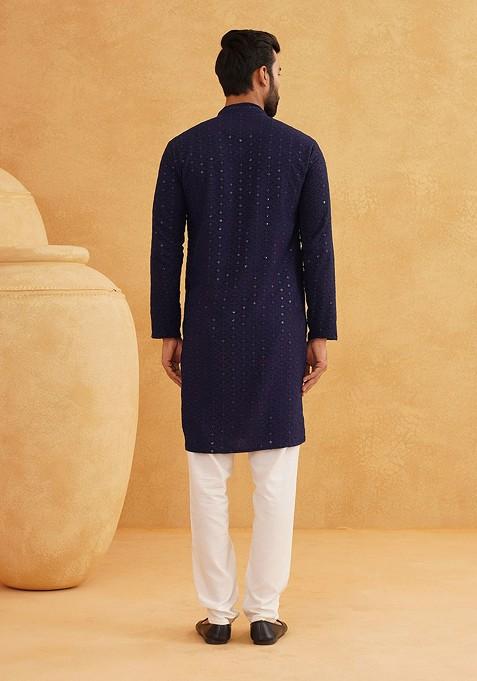 Navy Blue Embroidered Cotton Kurta Set For Men