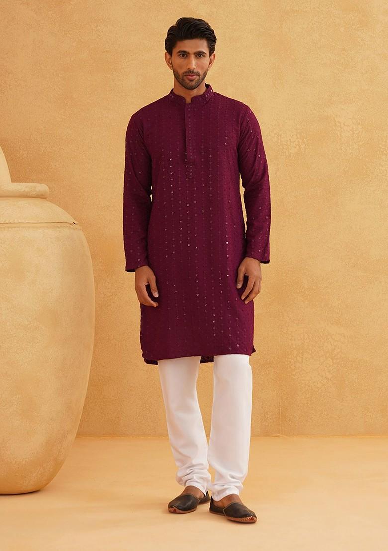 Purple Embroidered Cotton Kurta Set For Men