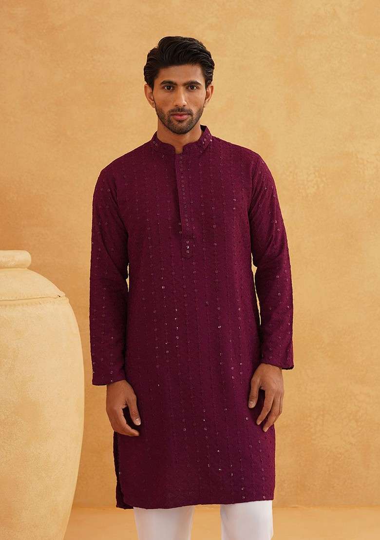 Purple Embroidered Cotton Kurta Set For Men - Indya