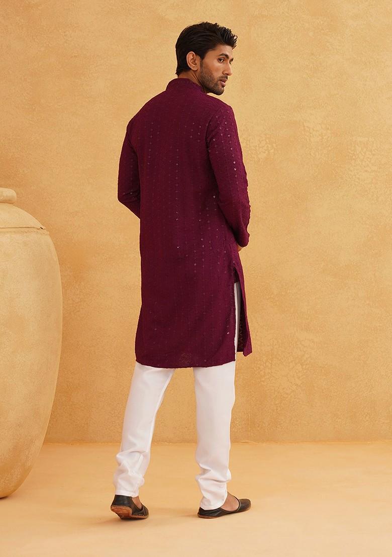 Purple Embroidered Cotton Kurta Set For Men