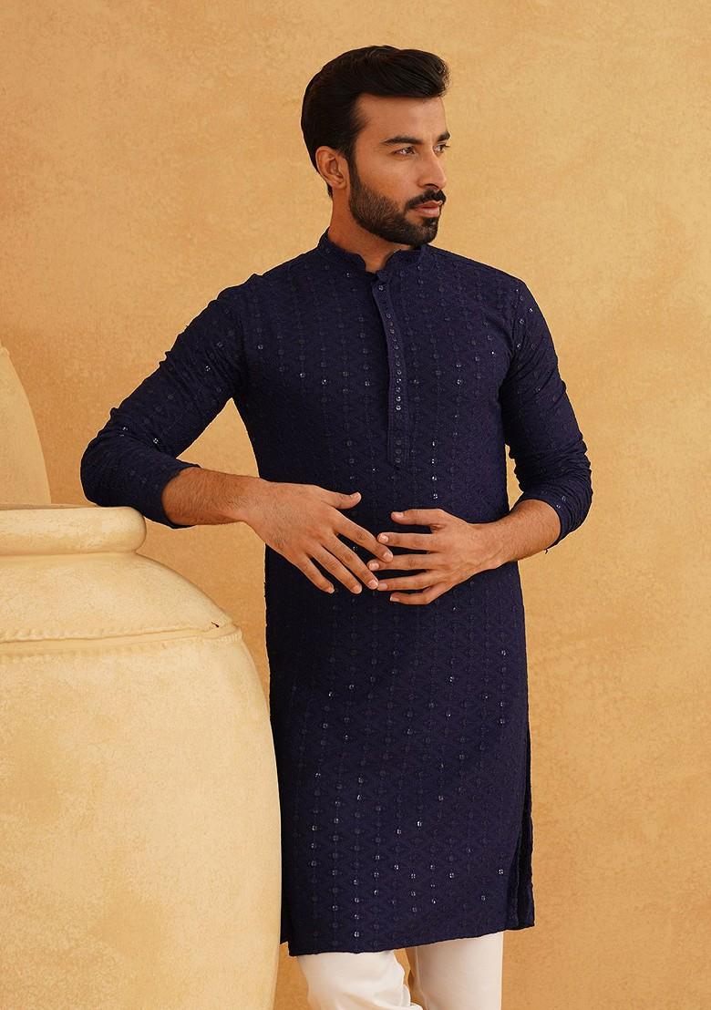 Navy Blue Embroidered Cotton Kurta Set For Men