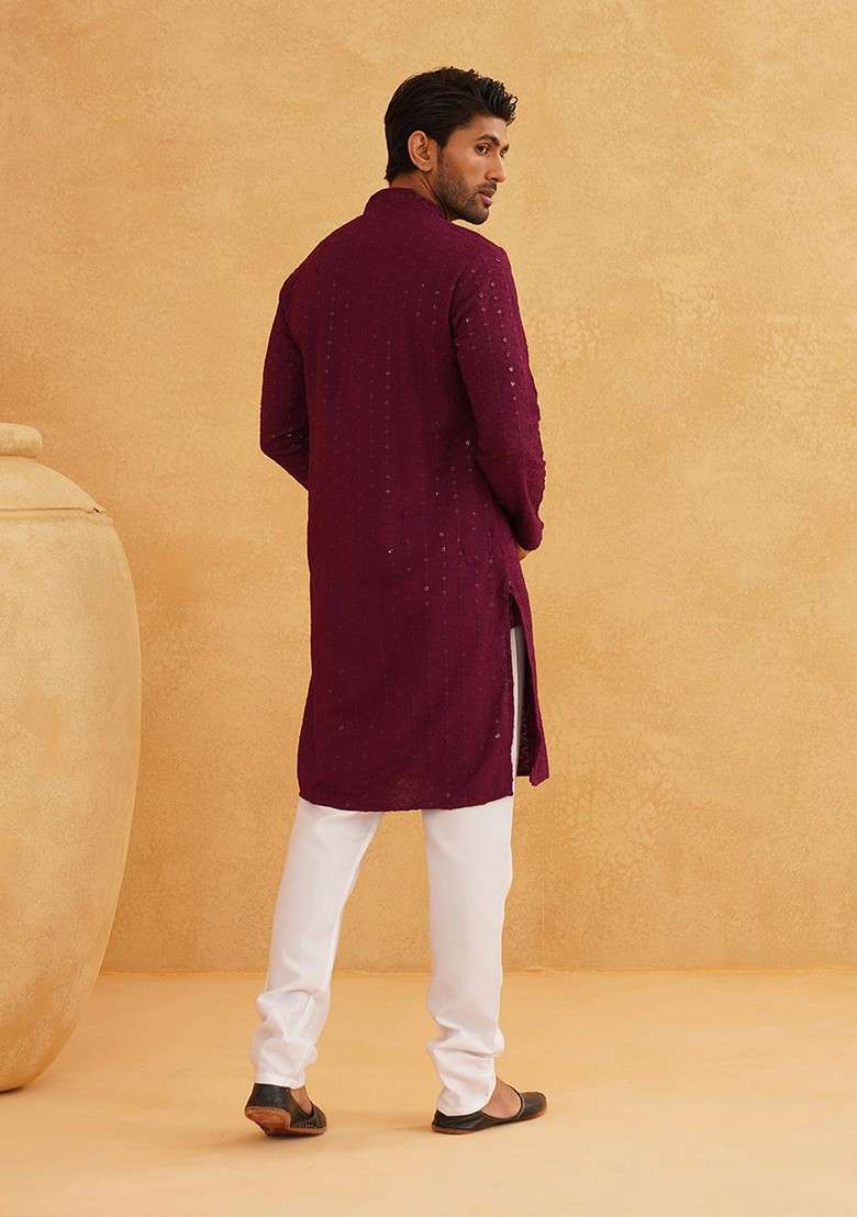 Purple Embroidered Cotton Kurta Set For Men - Indya