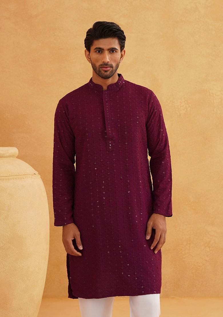 Purple Embroidered Cotton Kurta Set For Men