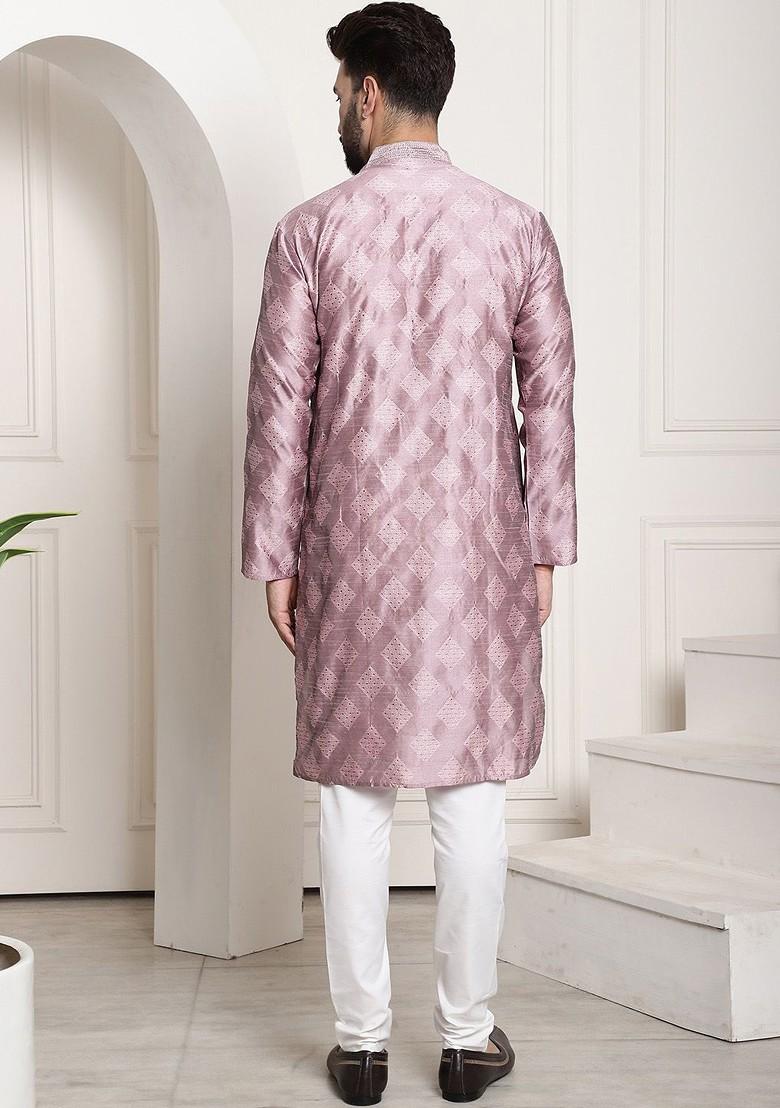Purple Thread Work Poly Blend Kurta Set For Men