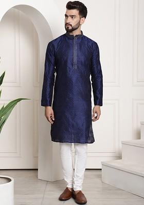 Navy Blue Thread Work Poly Blend Kurta Set For Men