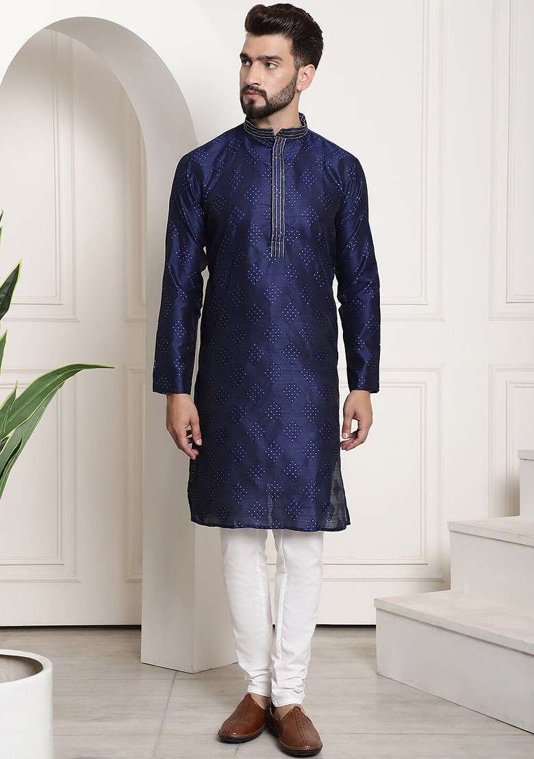 Navy Blue Thread Work Poly Blend Kurta Set For Men - Indya