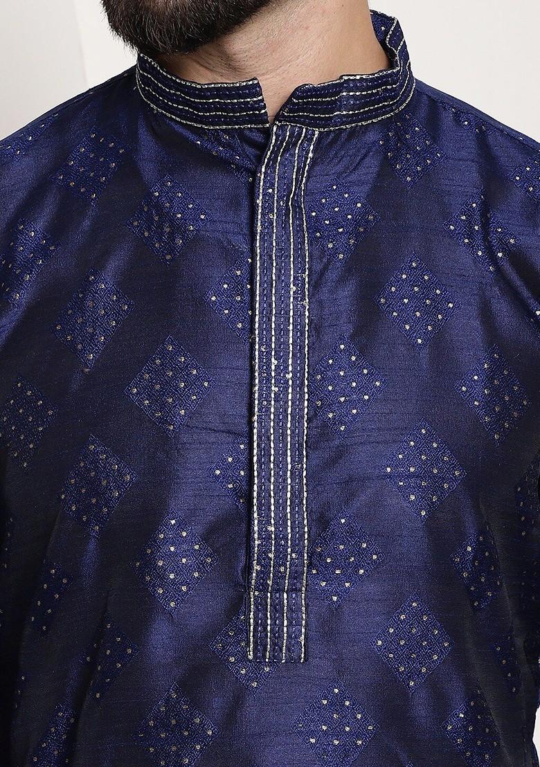 Navy Blue Thread Work Poly Blend Kurta Set For Men