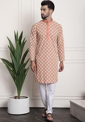 Peach Embroidered Cotton Kurta Set For Men