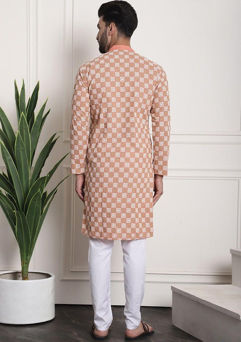 Peach Embroidered Cotton Kurta Set For Men