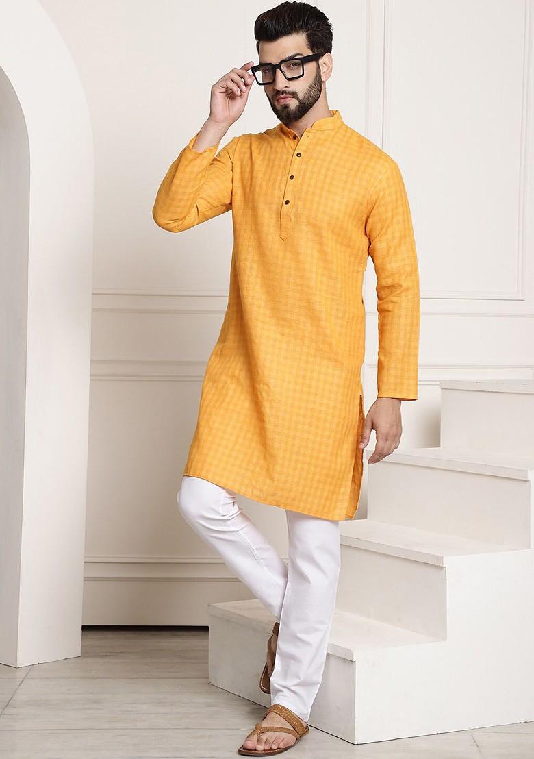 Mustard Checked Poly Blend Kurta Set For Men