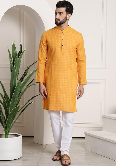 Mustard Checked Poly Blend Kurta Set For Men — view on Indya