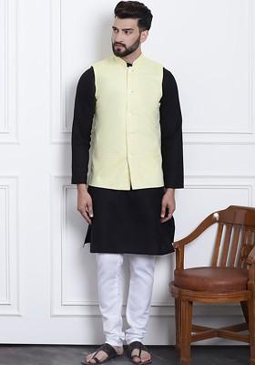 Black Solid Cotton Kurta Set For Men