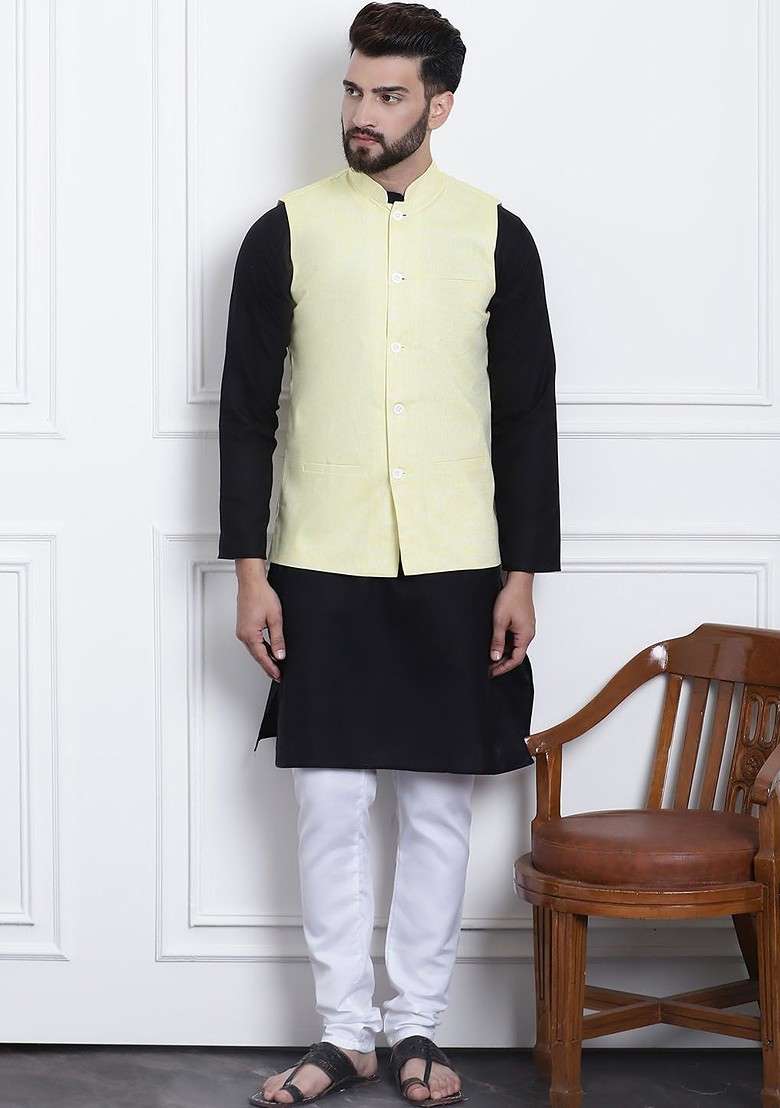 Black Solid Cotton Kurta Set For Men - Indya