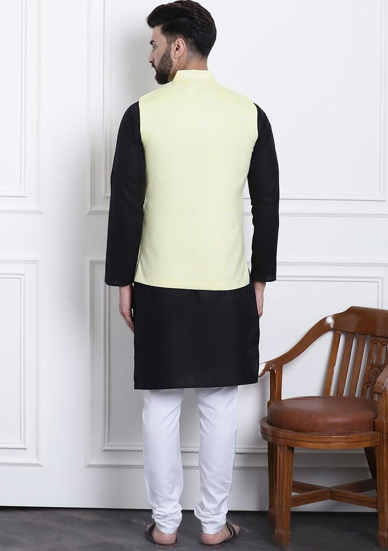 Black Solid Cotton Kurta Set For Men