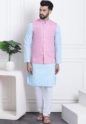 Blue Solid Cotton Kurta Set For Men