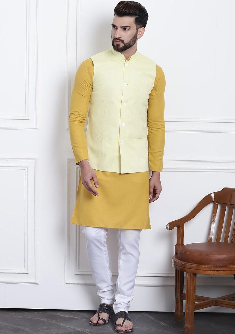 Mustard Solid Cotton Kurta Set For Men