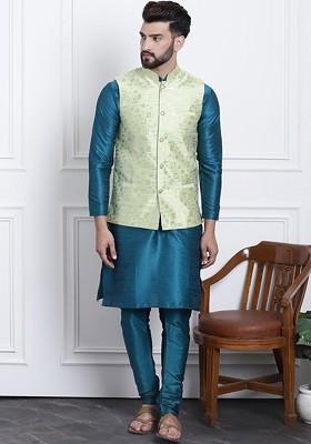 Teal Blue Solid Poly Blend Kurta Set For Men