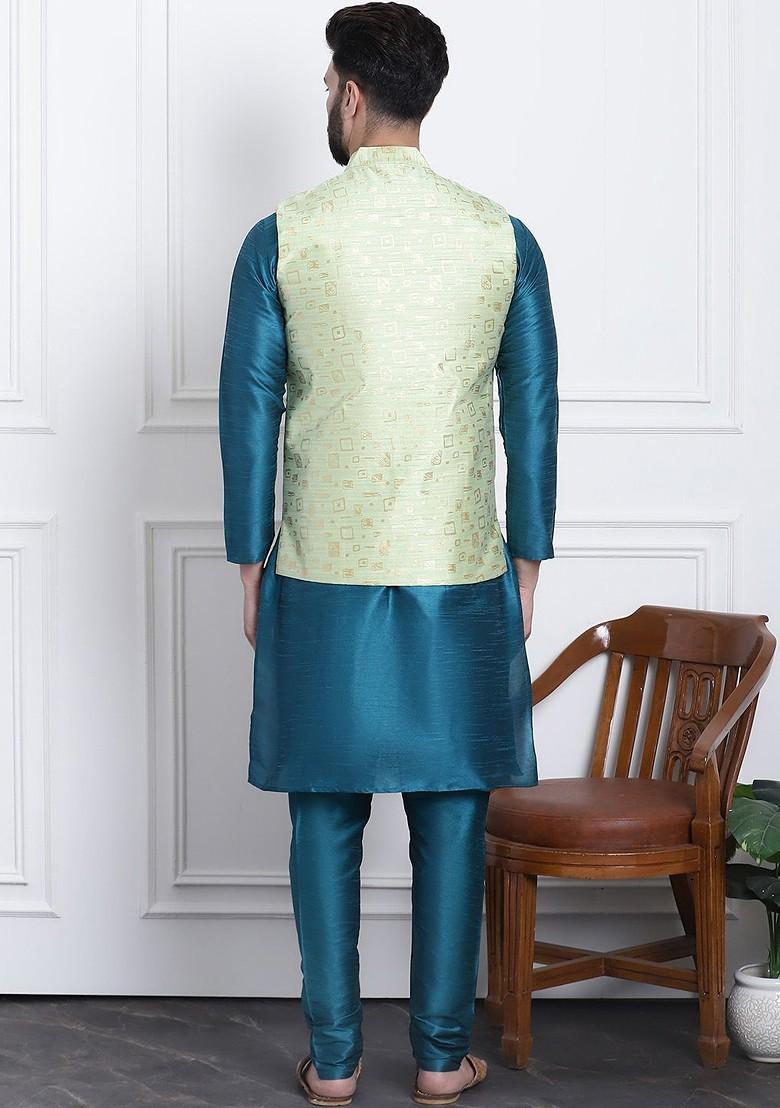 Teal Blue Solid Poly Blend Kurta Set For Men