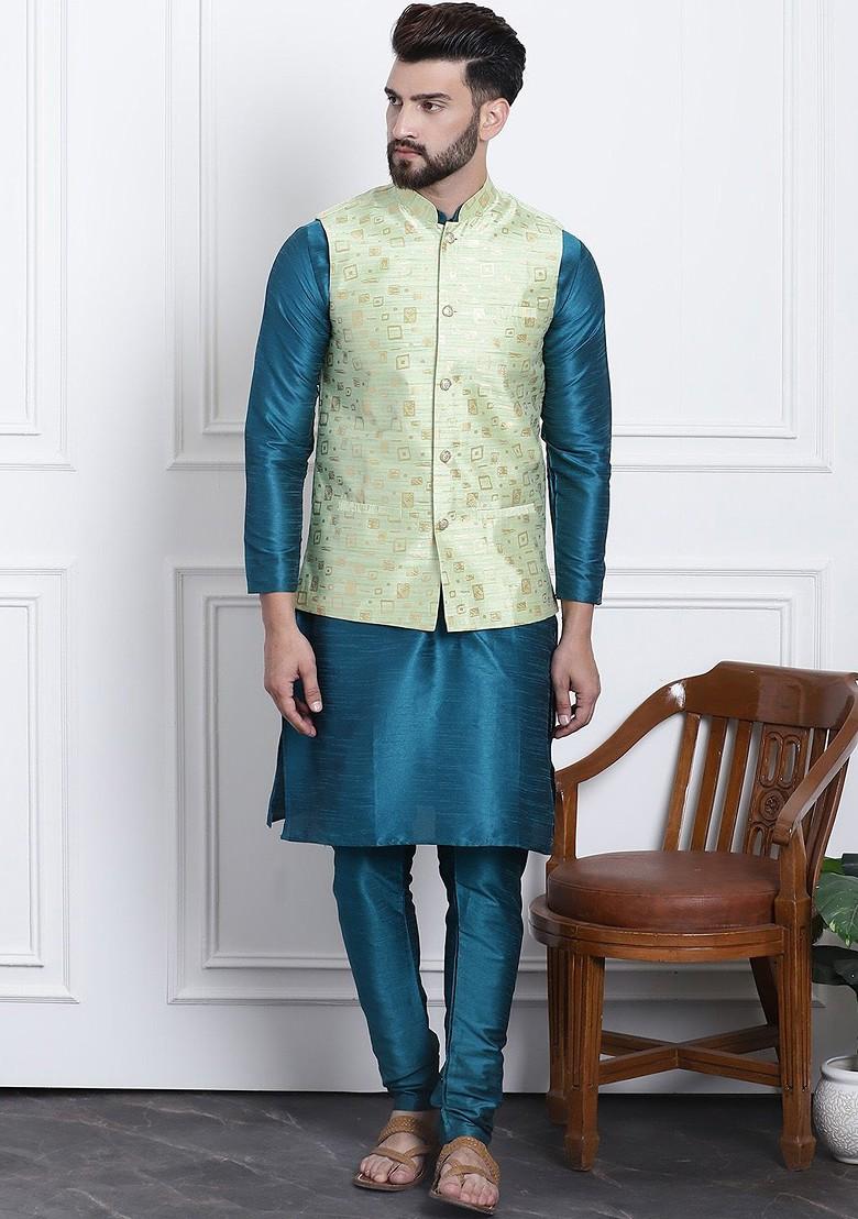 Teal Blue Solid Poly Blend Kurta Set For Men