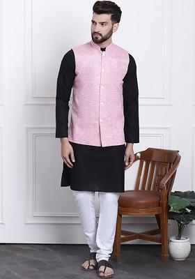 Black Solid Cotton Kurta Set For Men